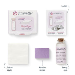 Contents of the Silverette Cleaning Set: baking soda, cotton gauze, abrasive sponge and instruction leaflet
