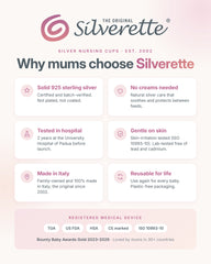 Why mums choose Silverette: solid 925 sterling silver nursing cups, made in Italy since 2002, registered medical device