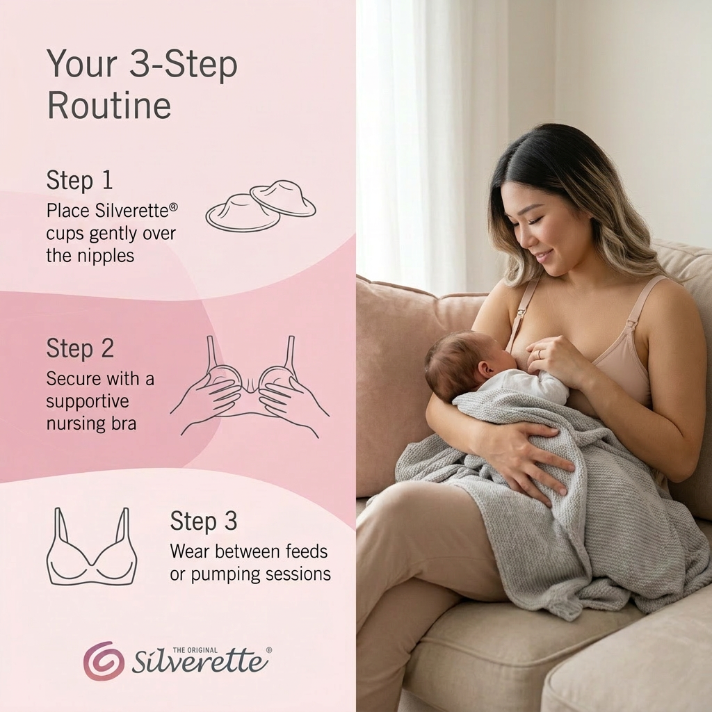 Three-step guide to using Silverette nursing cups between breastfeeds, with a mother nursing her baby